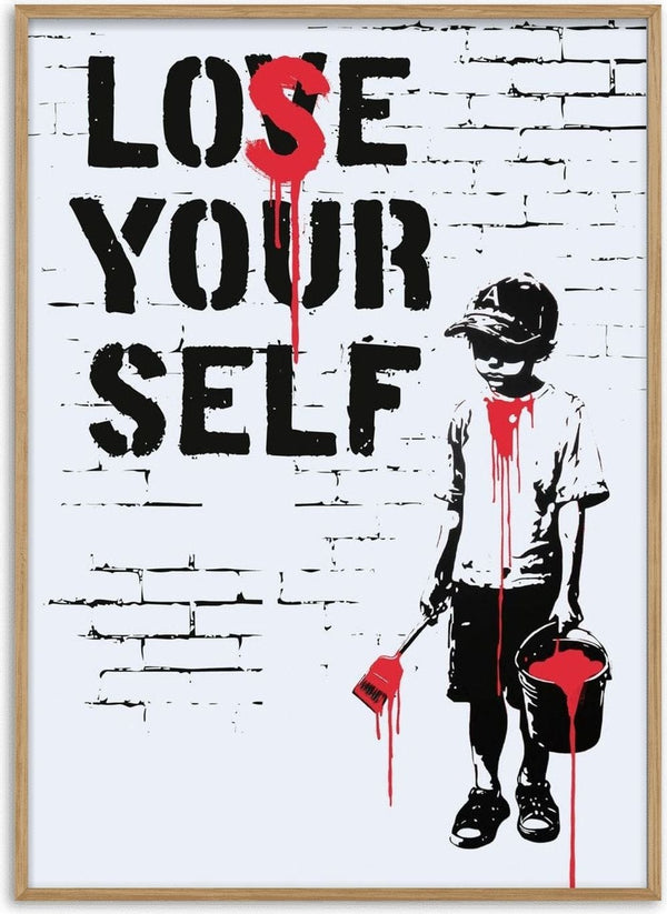 Lose Yourself by Dikhotomy — stencil boy with a red paint bucket beside dripping black lettering on a brick wall