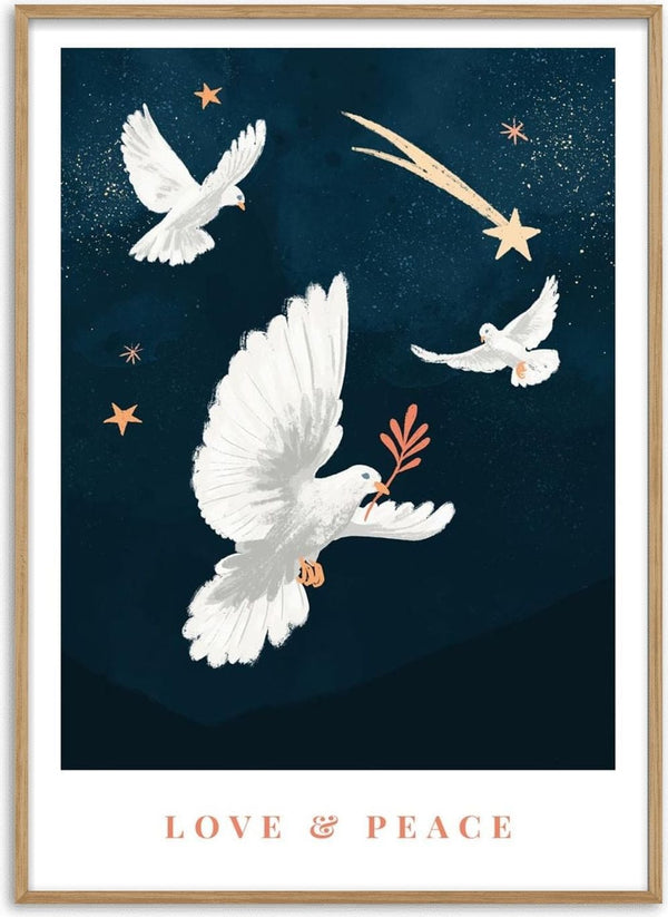Three white doves with olive branches and golden stars on a dark blue background. Text: "LOVE & PEACE."