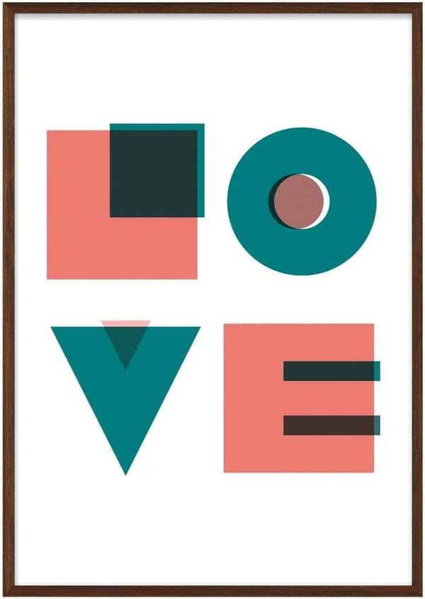 Abstract geometric design spelling "LOVE" in teal and pink on a white background.