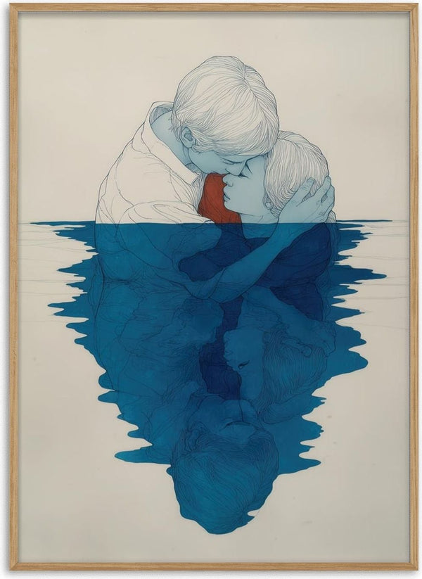 Illustration of two lovers embracing and kissing, partially submerged in blue water. Lovers - Martin Zen.