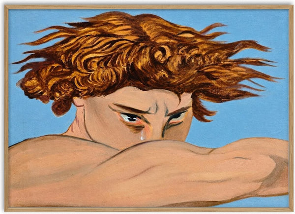 Lucifer (my view) by Zhan Snow - a figure with auburn curls resting on crossed arms against flat sky blue