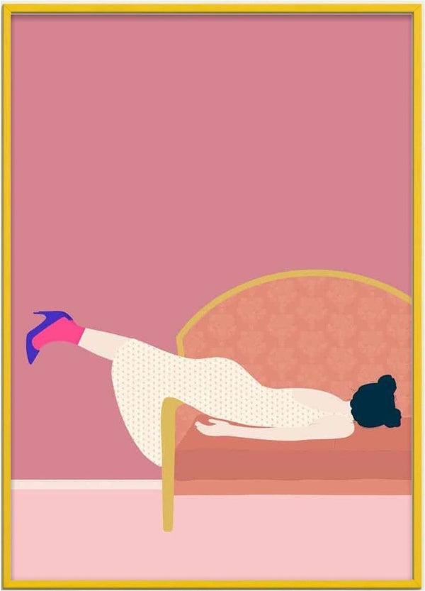 Illustration of a woman in a dress and heels lying face-down on a couch, featured for Maddies Mood - Jotadejai.