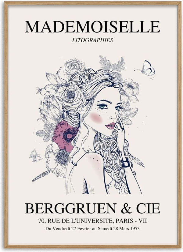 Mademoiselle exhibition #2 poster featuring an illustrated woman with flowers and event details in French text.