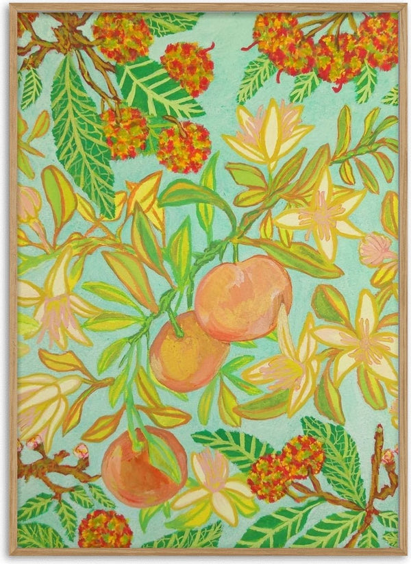 Mandarini e corbezzoli by Maria Emanuela Fiori - mandarins, blossom and strawberry-tree fruit on pale mint
