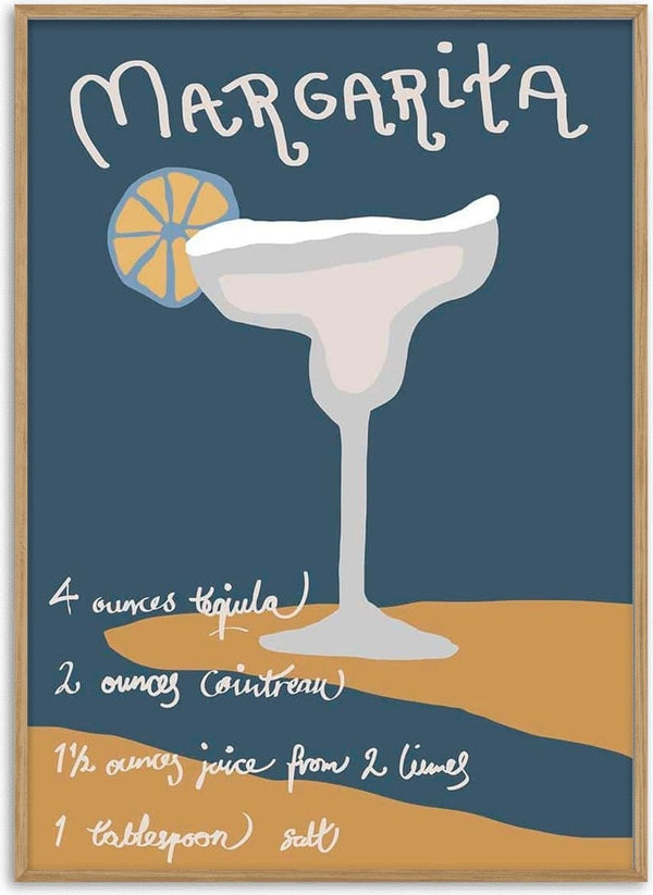 Illustration of a margarita cocktail with lime slice, displaying ingredient list for making a margarita.