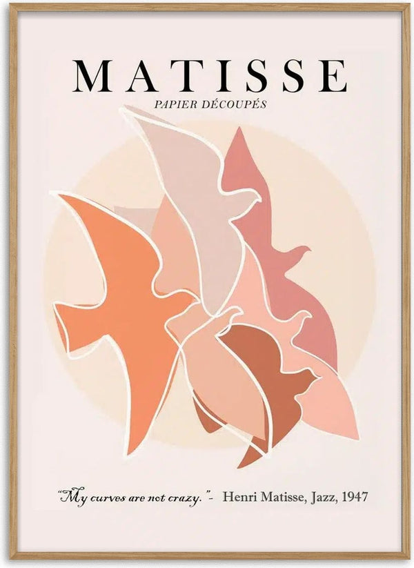 Abstract artwork of overlapping bird silhouettes in earthy tones, inspired by Matisse, with text and quote below.