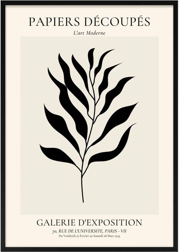 Minimalist black leaf illustration on cream background with French art-inspired text, perfect for modern wall decor.