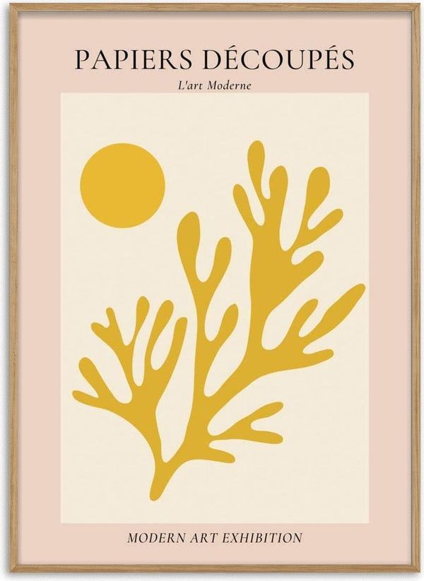 French art-inspired poster with abstract yellow coral and circle on beige, text "Papiers Découpés".