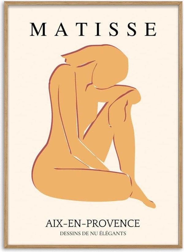 Minimalist yellow cutout illustration of a seated nude figure, inspired by Matisse, on a cream background.