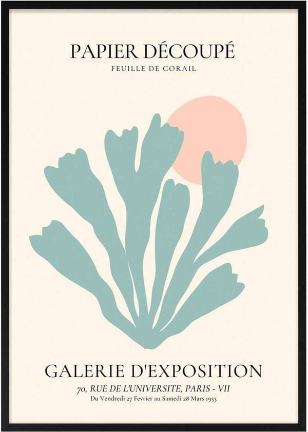 Pastel blue coral silhouette with a peach sun on a cream background, featured for the Coral Decoupe Plakat.
