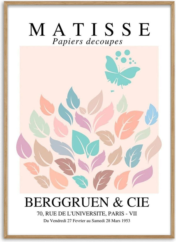 Pastel decoupe print inspired by Matisse, featuring abstract leaves and a butterfly on a white background.