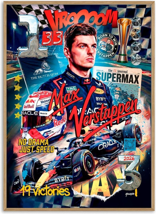 Colorful collage featuring Max Verstappen, Red Bull Racing car, trophies, and racing-themed graphics for Max - Ricardo Noble.
