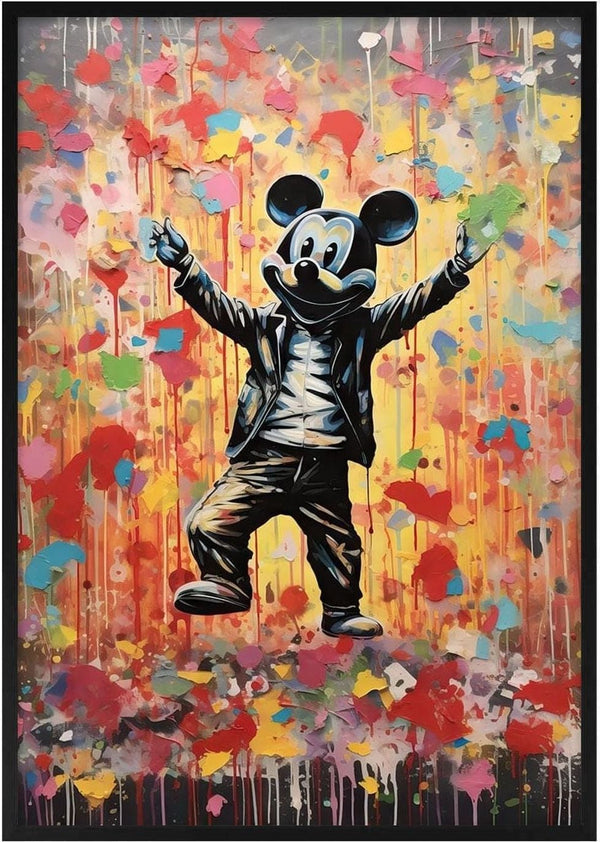 Mickey Mouse in a leather jacket stands with arms wide, set against a vibrant, Banksy-inspired graffiti background.