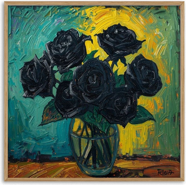 Midnight Bouquet by Devour Art - nine black roses in a glass vase against a teal and yellow impasto ground