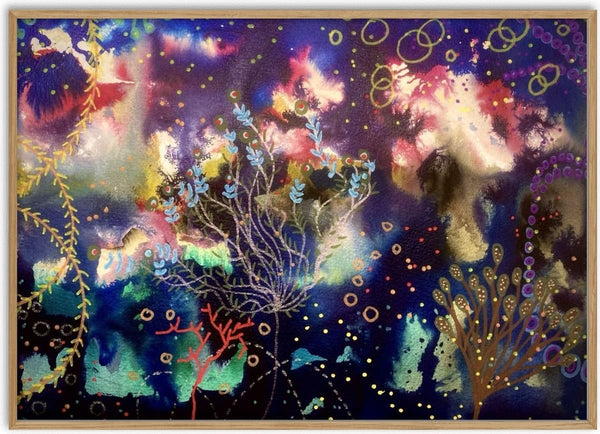 Midnight reef by Debbie Seenan - glowing pink and gold coral forms in a deep midnight blue sea
