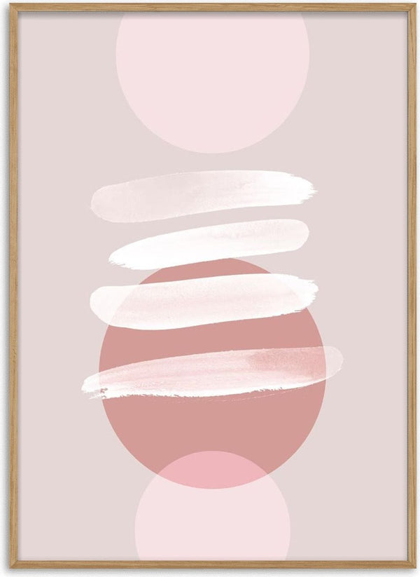 Abstract minimalist artwork with soft pink and beige brush strokes overlaid on large, subtle circles.