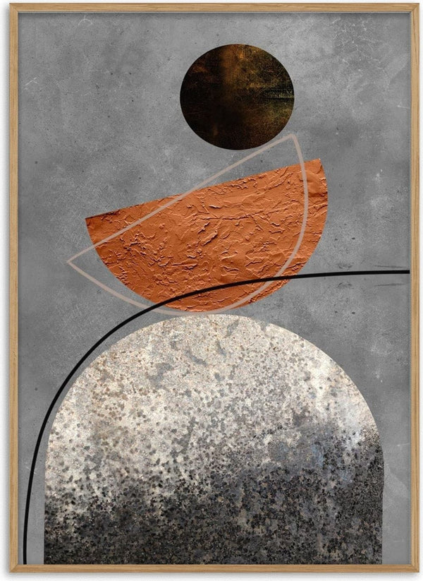 Minimalistic brown and silver poster with abstract geometric shapes on a textured gray background.