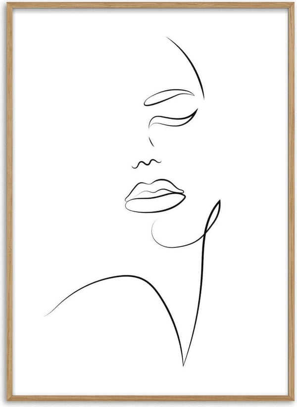Minimalist art poster with a woman's face drawn in simple, elegant black lines on a white background.