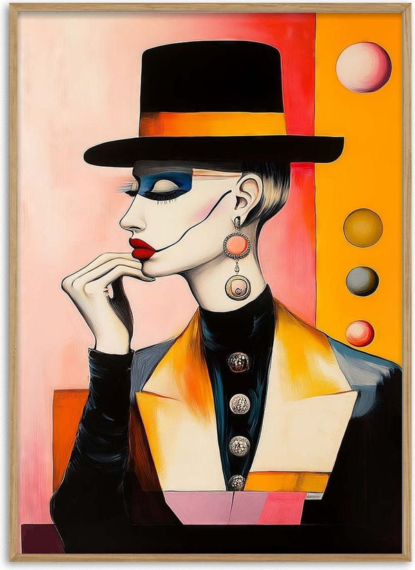 Stylish figure in bold makeup and hat, wearing Miss Mister - Martin Zen outfit with geometric accents.