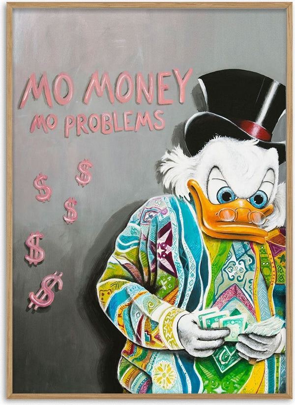 Scrooge McDuck in a colorful sweater holding cash, with "MO MONEY MO PROBLEMS" text and pink dollar signs.