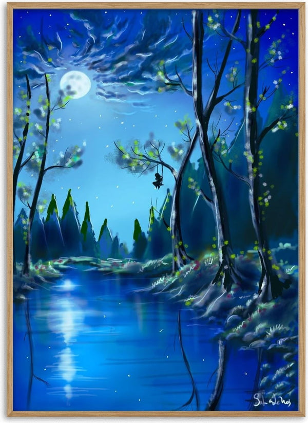 moonlight by Sofia de Lemos - a swing under a full moon over still blue water