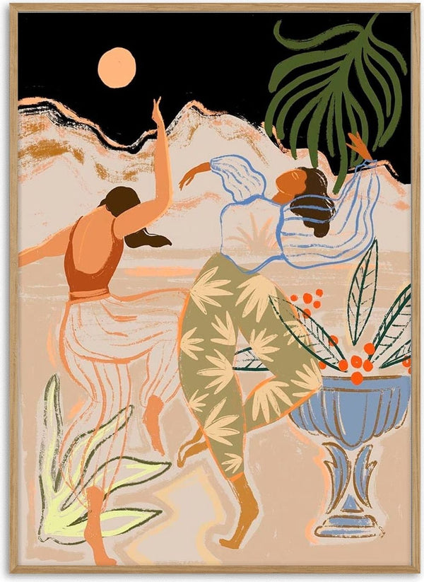 Two women dance under the moon with plants and mountains, from Moonlightdance by Arty Guava.