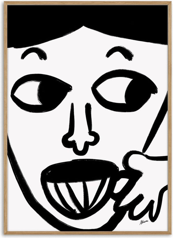 Abstract black and white illustration of a person sipping from a cup, representing enjoying Morning Cup.
