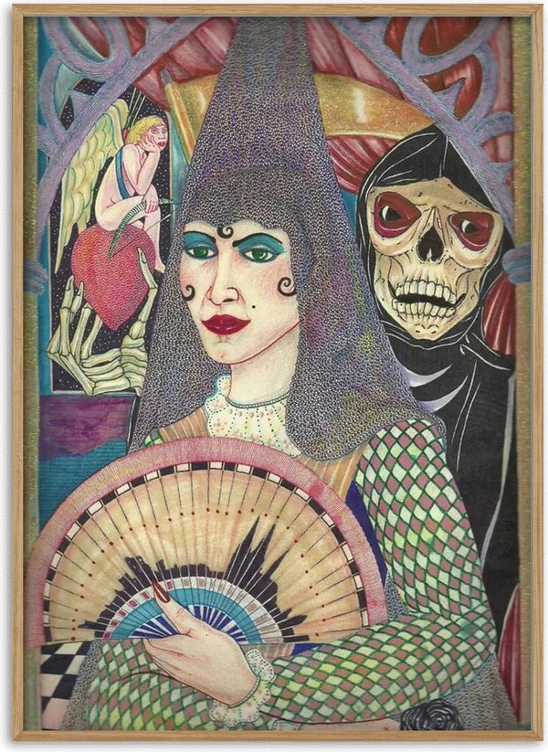 Mujer y muerte by Carlos Enrique Gozalo Ara - a woman in a grey mantilla with a hooded skull at her shoulder