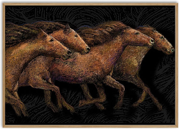 Mustangs by Designus - five wild horses in copper line work galloping on black