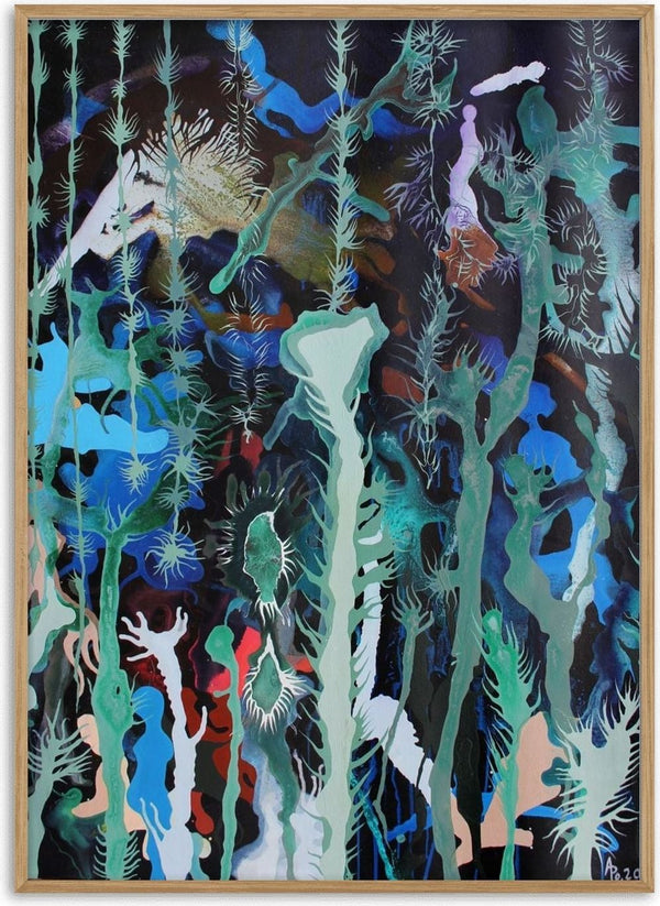 Mystical Garden by Andreas Pohle - pale green stems and hidden figures over a dark blue and red ground