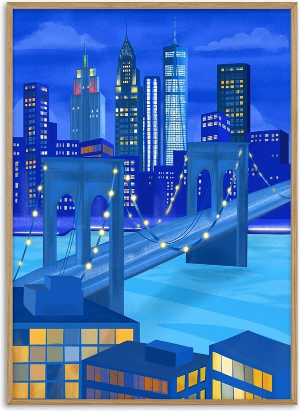 Colorful illustration of New York City skyline and bridge at night, artwork by Petra Lizde.