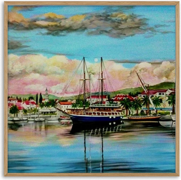 Nice City by Sunny - a sailing ship at anchor before a harbour town with red roofs and palms