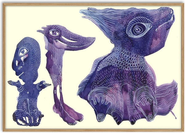 Odd Creatures by Lena Galé - three violet and deep blue creatures on a cream ground