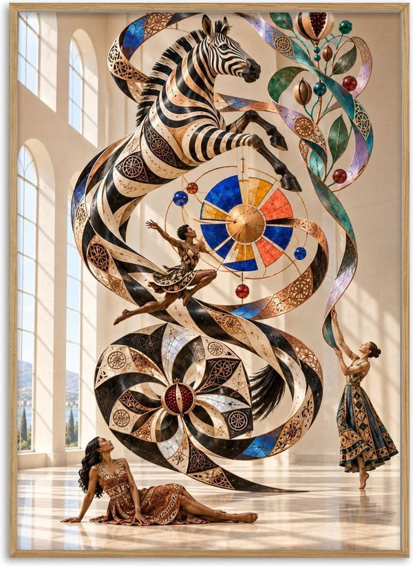 Orbit of the Wild by Haris Delic - dancers around a spiralling zebra sculpture in a sunlit hall