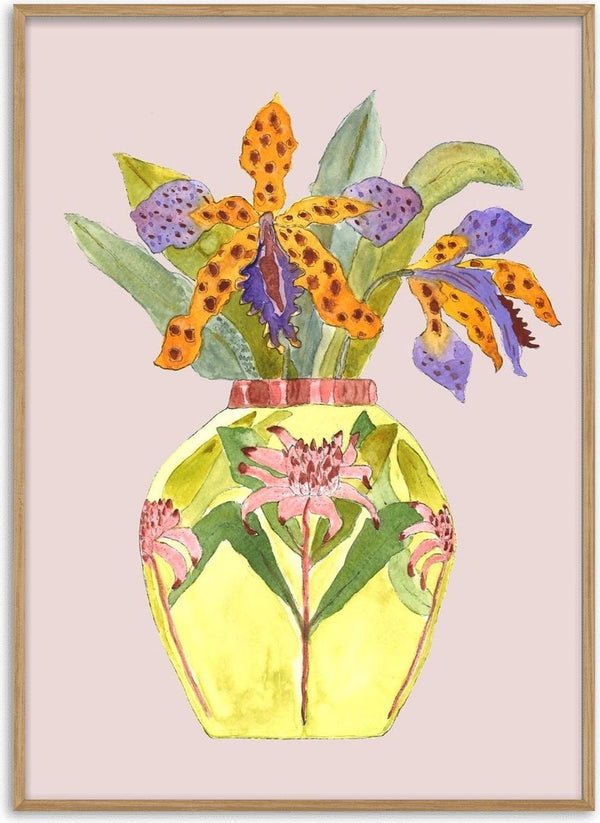 Orchids by Marjorie Salvagni - spotted orange orchids in a yellow vase on blush pink