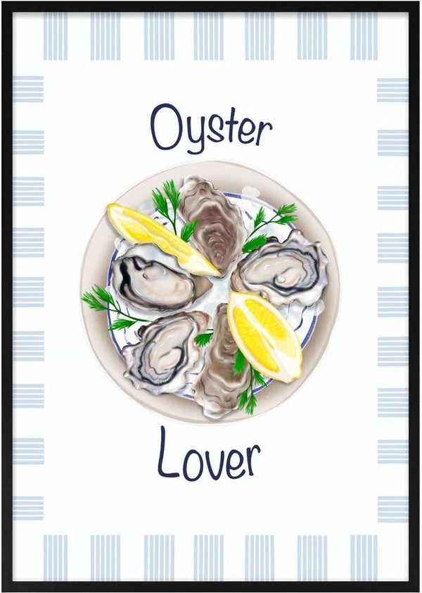 Oyster Lover poster by Lisen Vennesland with six oysters, lemon and dill on a plate framed by blue stripes