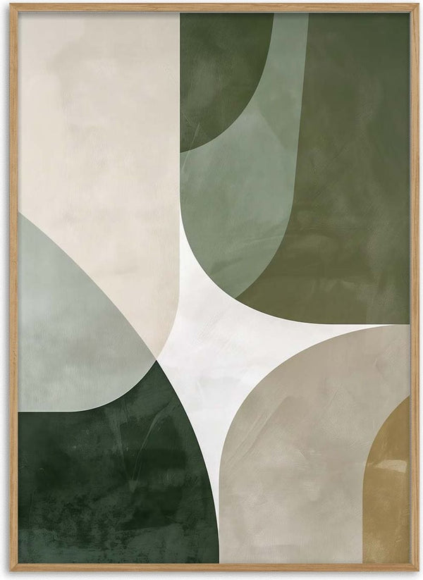 Abstract geometric art in green, beige, and white tones representing interconnected parallel universes.