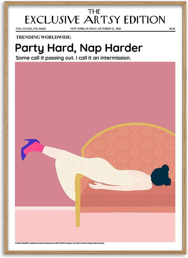 Illustration of a woman napping upside down on a couch, featured on the Party Hard - Nap Harder Artsy Edition product page.