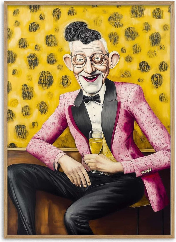 Stylish man in a pink tuxedo holding a drink, smiling against a yellow leopard-print background.