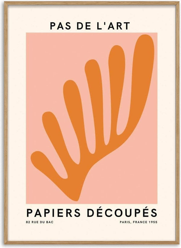 French art-inspired poster featuring an abstract orange cut-out shape on a pink background, titled "Pas De L'art".