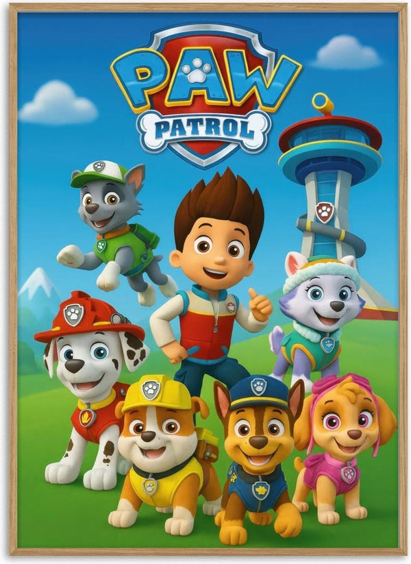 Colorful Paw Patrol children’s poster featuring main characters and lookout tower on a bright outdoor background.