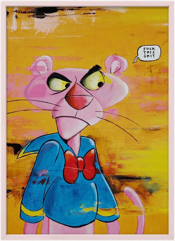 Illustration of a pink cartoon panther in a blue suit with red bowtie, frowning, on a yellow background.