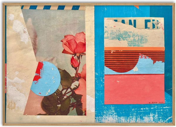 Pink Rose by Kareem Rizk - a faded photograph of pink roses collaged with bright blue, coral and orange paper