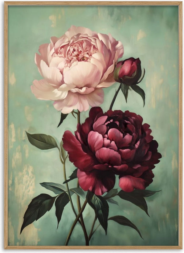 Pions by Annika Persson - a blush peony and a deep burgundy peony on a soft sage green ground