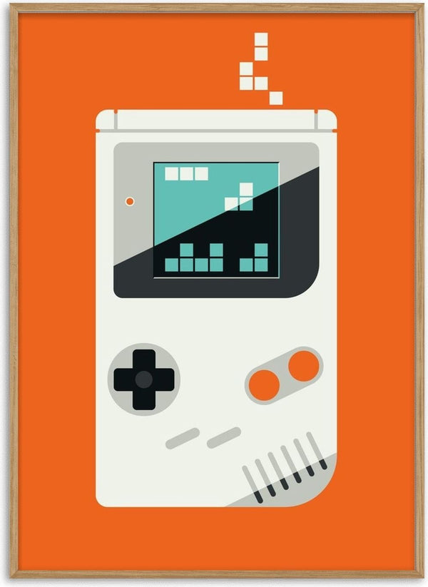 Playing games by Bo Lundberg - a cream handheld games console on bright orange