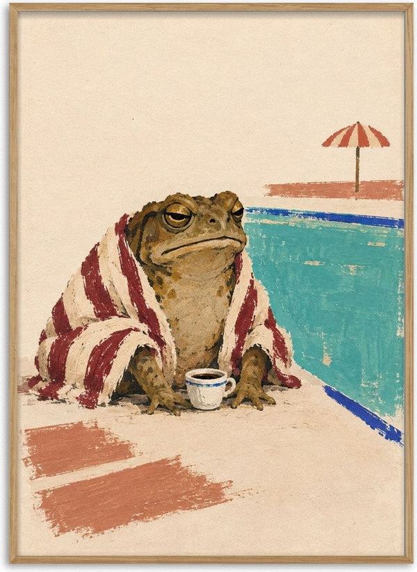 Poolside Philosopher by Matthews Gallerie - a toad wrapped in a striped towel with a cup of coffee beside a turquoise swimming pool