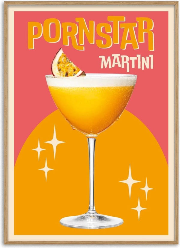 Colorful wallchart featuring a Pornstar Martini cocktail in a glass with passionfruit garnish and decorative stars.