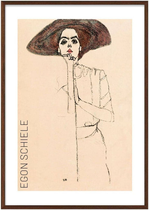 Poster of Egon Schiele's "Portrait of a Woman" featuring a woman in a large dark hat, minimal line drawing.