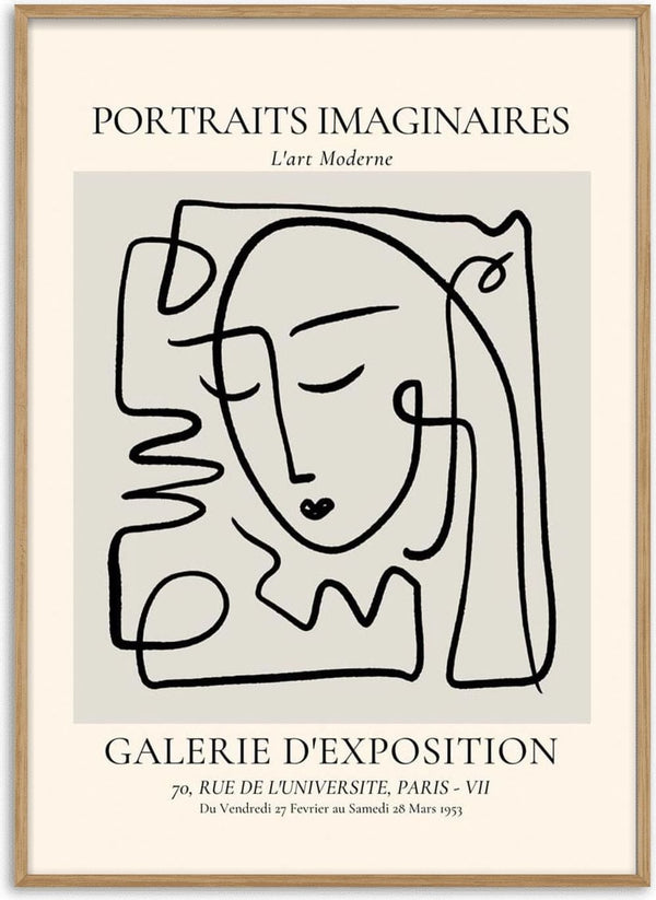 Minimalist line drawing of a serene face with closed eyes, titled "Portraits Imaginaires Grey Plakat".