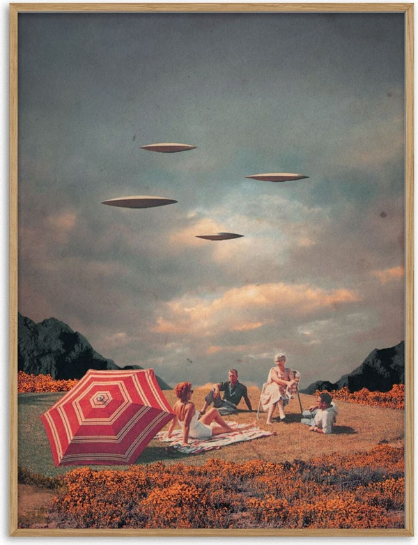 A vintage-style family picnic under UFOs in a surreal landscape, artwork for Pretend They Never Came.